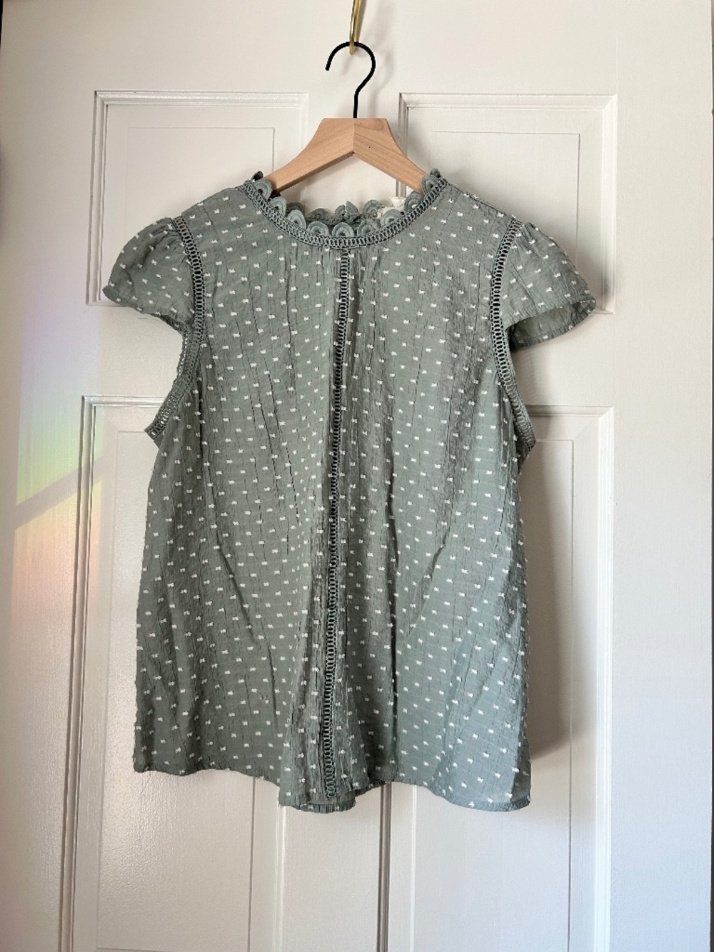 MINE Sage Green Swiss Dot Scalloped Crochet Trim Blouse L